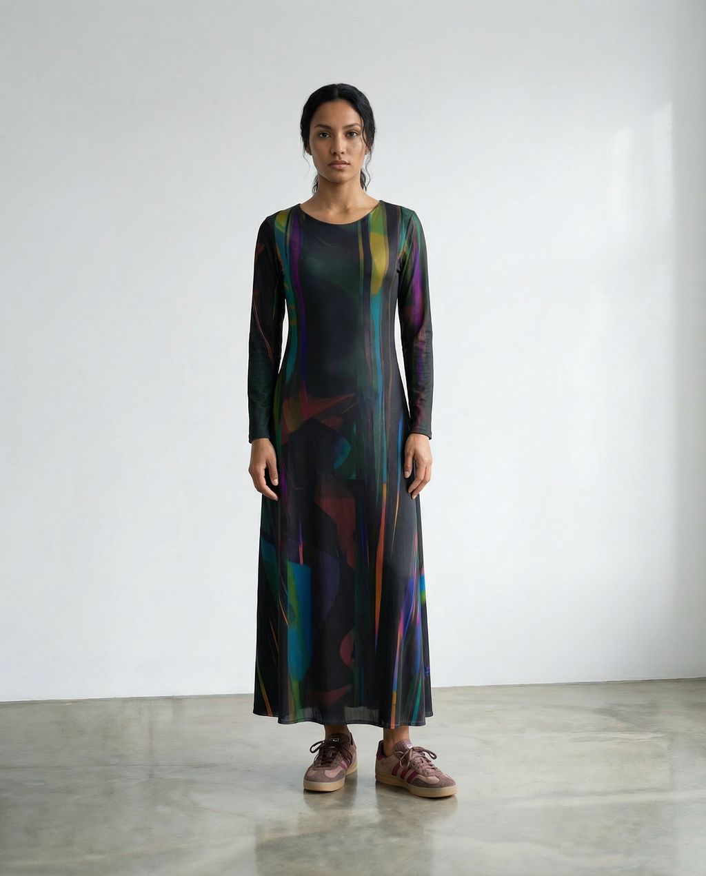 Vestido jersey estampado Corteza Ana Basanta diseño de autor uruguayo. frente