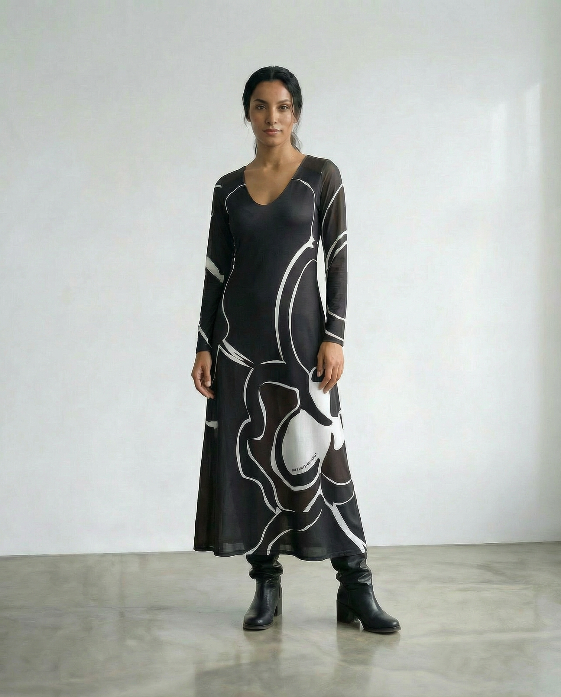 Vestido jersey estampado Raiz Ana Basanta Moda de autor uruguayo. frente